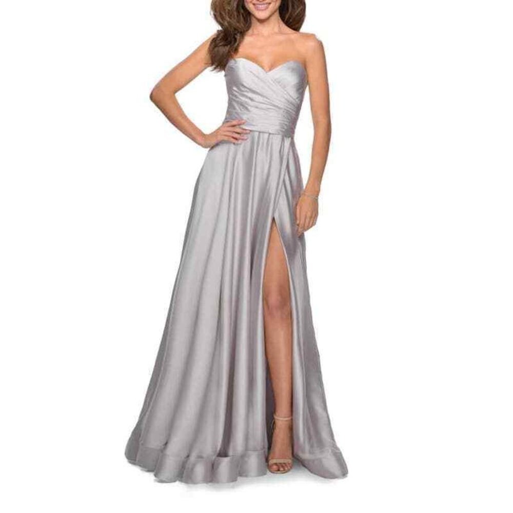 La Femme Silver Strapless Slit Satin Ballgown